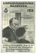 Deckblatt Unfallverhütungskalender 1928 mit zwei Männern vor einem Aushang und einem Logo der Unfallversicherung